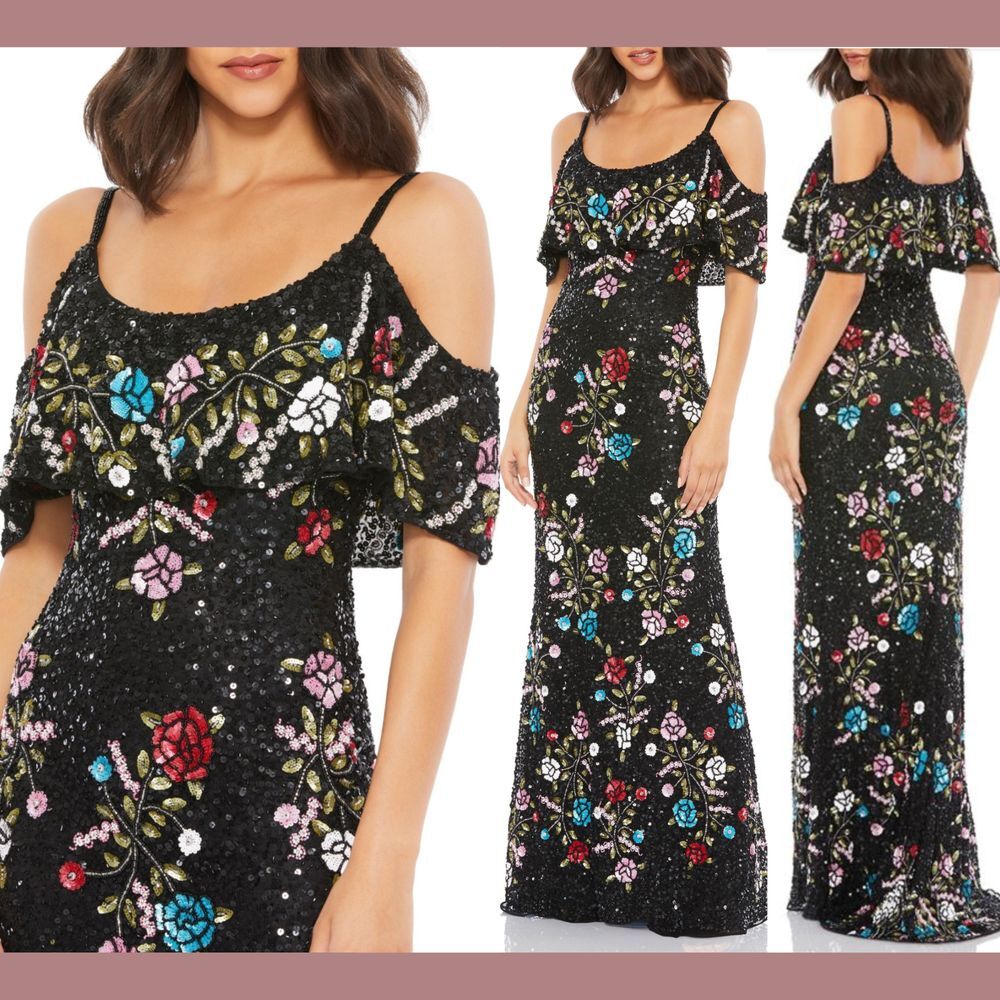 NEW $598 Mac Duggal [ 10 ] 5398 Flounce Bodice Floral Beaded Gown in Black #J167